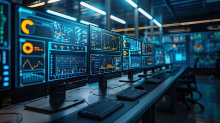 A logistics control room with multiple monitors displaying real-time data on shipments and inventory. The technology enables efficient management of the entire supply chain.