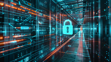 Server racks or a data cloud center featuring a digital lock overlay, signifying server security and the safeguarding of digital data or information online