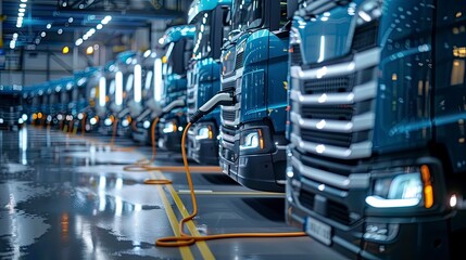 A fleet of electric trucks being charged at a logistics hub. The sustainable technology reduces emissions and operational costs.