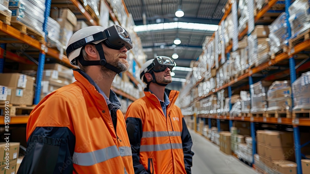 Wall mural a logistics team using augmented reality (ar) glasses to assist with warehouse operations. the techn