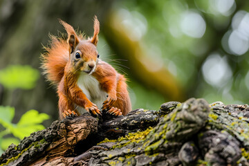 Obraz premium Red squirrel resting on a tree trunk, its fluffy tail wrapped around its body