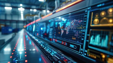 A close-up of a logistics software interface displaying real-time tracking and inventory data. The technology enhances visibility and control over the supply chain.