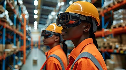 A logistics team using augmented reality (AR) glasses to assist with warehouse operations. The technology improves accuracy and reduces training time.