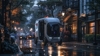 Fototapeta premium An autonomous delivery vehicle navigating through city streets. The innovative logistics technology reduces delivery times and costs.