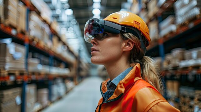 A logistics team using augmented reality (AR) glasses to assist with warehouse operations. The technology improves accuracy and reduces training time.