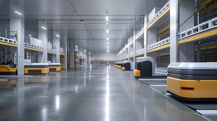 Fototapeta premium A high-tech warehouse with automated guided vehicles (AGVs) transporting goods. The logistics technology streamlines operations and reduces labor costs.