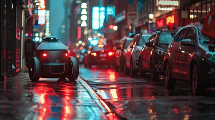 An autonomous delivery robot navigating through a busy city street. The innovative logistics technology increases efficiency and customer satisfaction.