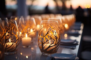 Romantic outdoor table setting at dusk with decorative glasses and lit candles.