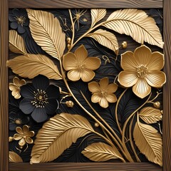 Gold and black floral design engraved on a wooden board, mural wallpaper, wall art