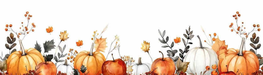 Naklejka premium Watercolor pumpkins and apples, Autumn harvest, rich colors