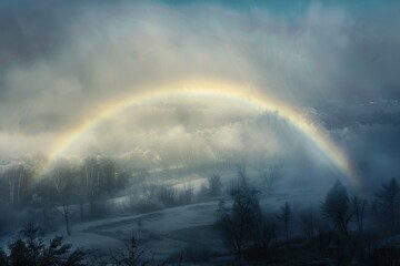 Extremely rare white rainbow (fogbow) over misty landscape. Ethereal light.   - Powered by Adobe