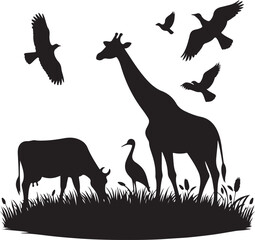 Fototapeta premium natural animal cow is grazing on the grass., vector black color silhouette 