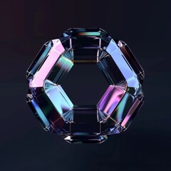 A vibrant iridescent hexagon shape, rendered in 3D, against a dark background