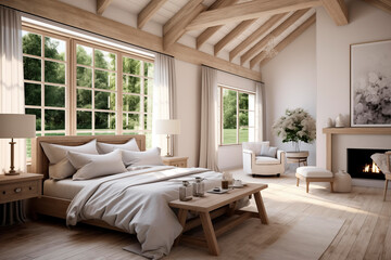 Fototapeta premium A modern country bedroom features a cozy, white bed with large windows that let in plenty of natural light. The decor is elegant and minimalistic, with wooden elements adding warmth and creating a ser