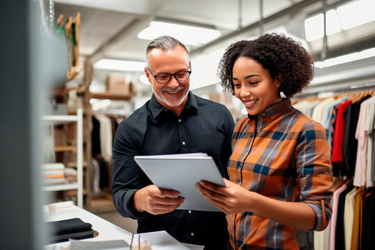 Two designers collaborate in an office, using a tablet to discuss their project. The workspace is creative and modern, with clothing racks in the background. Both are smiling, indicating a positive an
