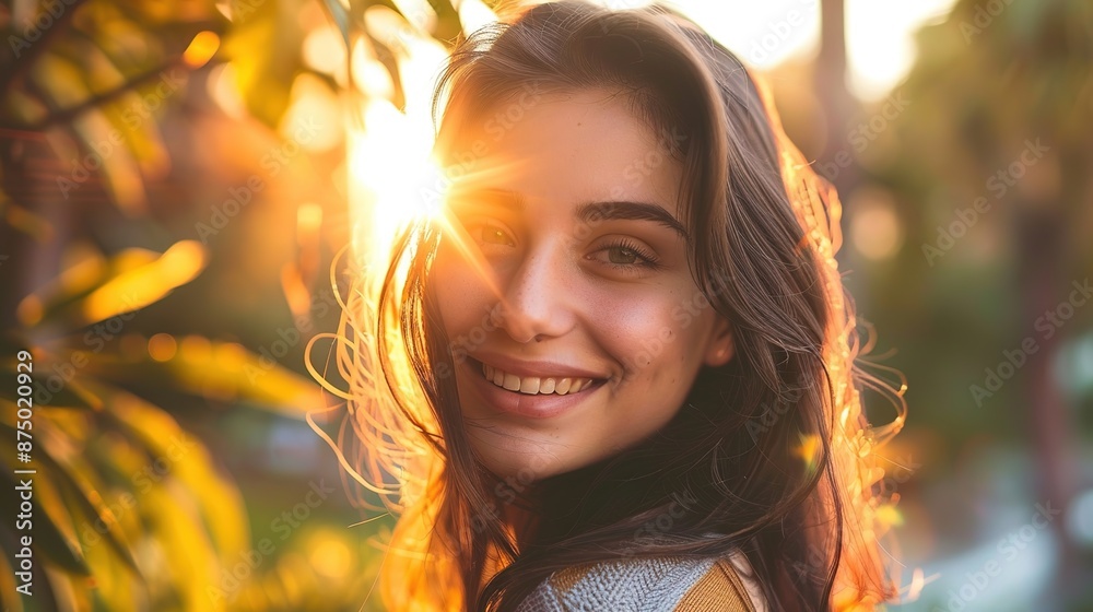 Canvas Prints Backlit portrait of a gorgeous brunette young woman looking at the camera smiling