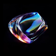 Abstract iridescent glass sculpture with vibrant colors and reflections against a black background