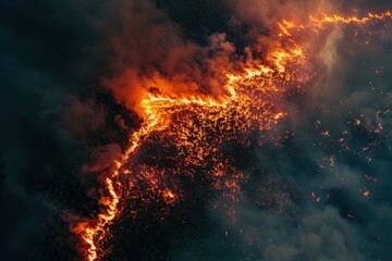 Naklejka premium Fire of a large area forest view from top