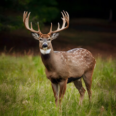 Obraz premium Portrait of majestic deer with beautiful horn on the field