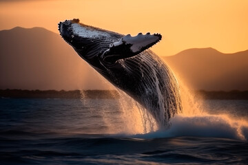 Fototapeta premium A humpback whale majestically breaches the ocean surface at sunset, creating a dramatic splash against the golden sky, capturing the breathtaking beauty and power of marine wildlife.