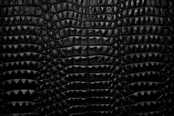 A close-up image of black crocodile skin texture, showcasing its natural scales and intricate pattern, creating a detailed and exotic background with a glossy and stylish appearance.

