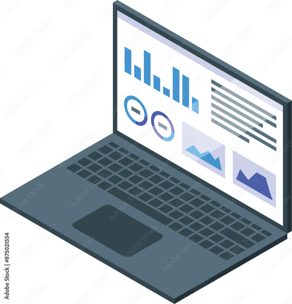 Poster laptop displaying financial data analysis with charts and diagrams, representing business intelligen