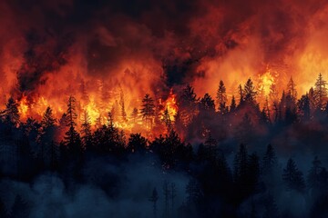 Forest fire, wildfire landscape natural disaster background banner panorama - Burning flames with smoke