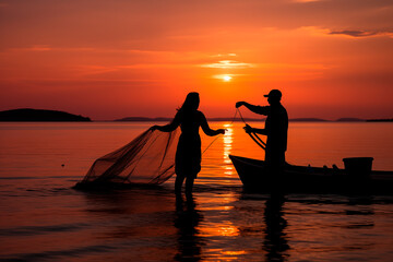 Fototapeta premium Silhouette of a fisherman and fisherwoman working together with a fishing net at sunset. The tranquil ocean and vibrant orange sky create a serene and romantic scene, highlighting the beauty of teamwo