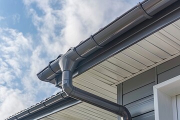 Gray zinc gutter on the facade of the house, white PVC downpipes and soffit paneling