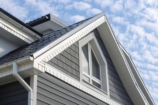 Gray zinc gutter on the facade of the house, white PVC downpipes and soffit paneling