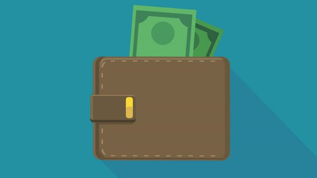 Animation of a leather wallet filled with dollar bills falling in the center on blue background with long shadow (flat design)