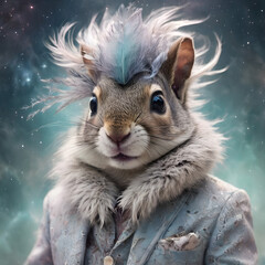 The whimsical and dreamlike image captures a surreal and enchanting scene with soft colors and smooth textures. In this intricate illustration, an imaginative cosmic squirrel head creature is depicted