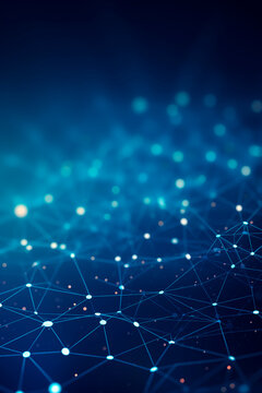 Abstract representation of network connections with blue-toned dots and lines on a dark background, illustrating digital data communication and technology.