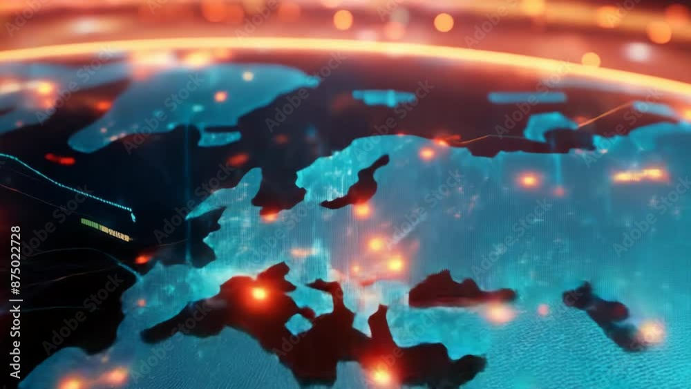 Sticker 3d animation of digital world map with colorful network connections