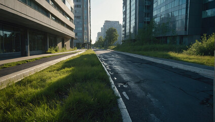 Fototapeta premium An urban street overgrown with vegetation, modern buildings stand silent, untouched by humanity for years.