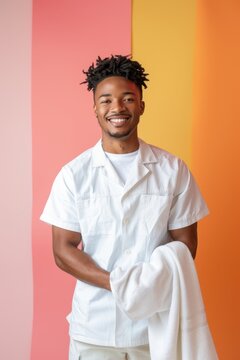 A smiling black man in a white uniform holds a white towel against a pink and orange background