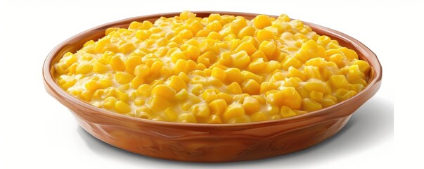 A dish of creamed corn, Thanksgiving side, 3D rendering, buttery tones, isolated on white background
