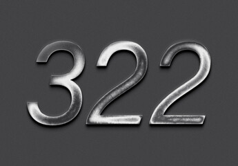 Chrome metal 3D number design of 322 on grey background.