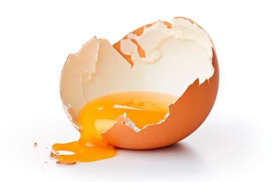 A close-up of a broken egg with the yolk intact and the shell cracked open on a white background. The image captures the fresh, natural simplicity of the egg as a culinary ingredient.