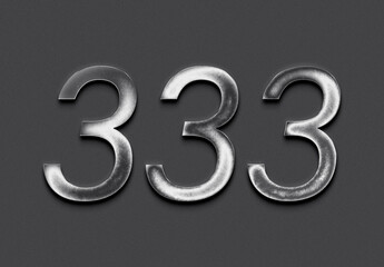 Chrome metal 3D number design of 333 on grey background.