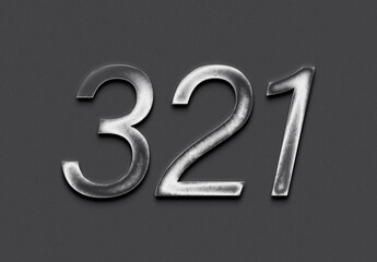 Chrome metal 3D number design of 321 on grey background.