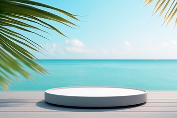 An empty podium on a wooden deck with a palm leaf and a serene ocean backdrop under a clear, blue sky.