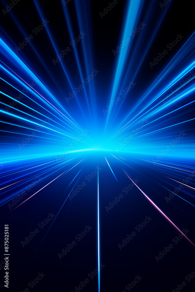 Wall mural an abstract background with dynamic blue light rays bursting from a central point, creating a bright
