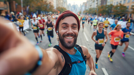 A marathon runner takes selfie during running in marathon smiling and looking at camera with group of runner on blur background on urban city street