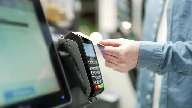 Close up man At Counter Buy electronic payment supermarket mall smartphone close-up male hand with mobile phone in hands pay paid for purchases in stores Contactless NFC Terminal Closeup card reader