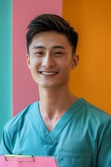Fototapeta premium Happy smiling doctor holding a clipboard, wearing a green scrub shirt