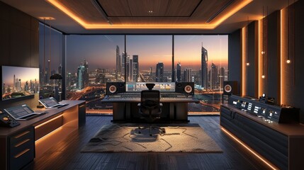 Podcast recording studio with a panoramic window overlooking a cityscape