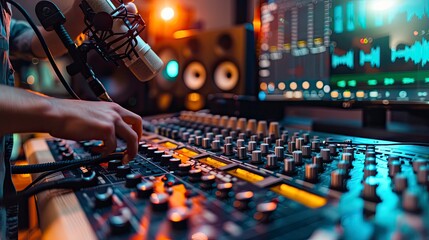 Hands adjusting microphone settings in a podcast studio control room