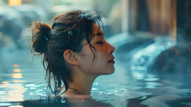 A woman relaxing in a bathtub at a ryokan or hotel. For images of hot springs, ai generated