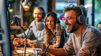Group of podcast hosts celebrating a milestone episode recording